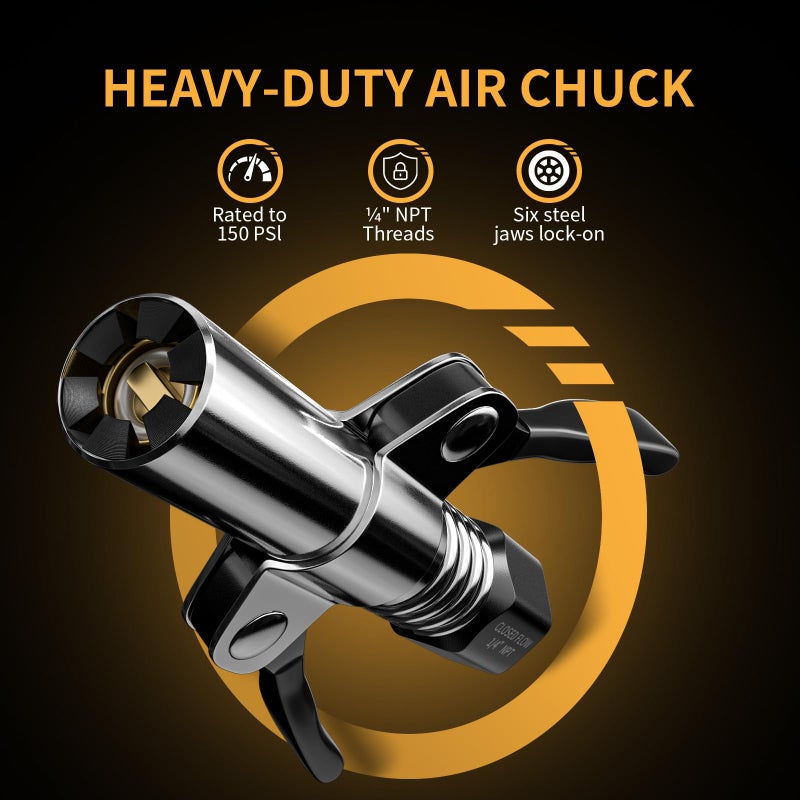 MIFMIA Locking Air Chuck  Heavy Duty with Six Steel Jaws  Locks onto Any Tire Valve  No Leaks or Pop-Offs  Rated to 150 PSI - Closed Flow - Image 2
